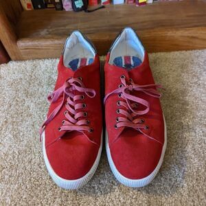 𝅺english laundry red suede sneakers white sole silver on heel sz 11 euc